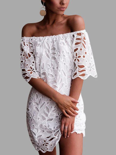 Wholesale White Off The Shoulder Half Sleeve Plain Lace Tiered Dresses