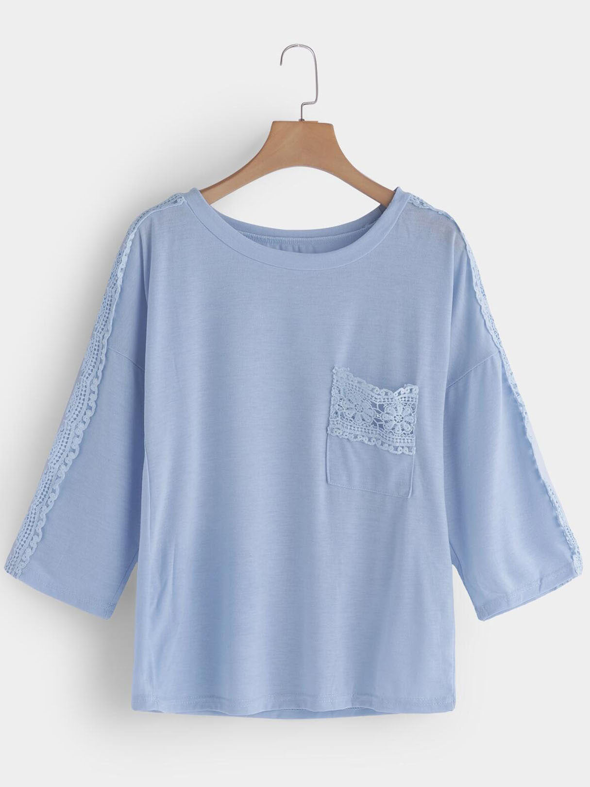 Wholesale Round Neck Pullover Plain Lace 3/4 Sleeve Sky Blue T-Shirts