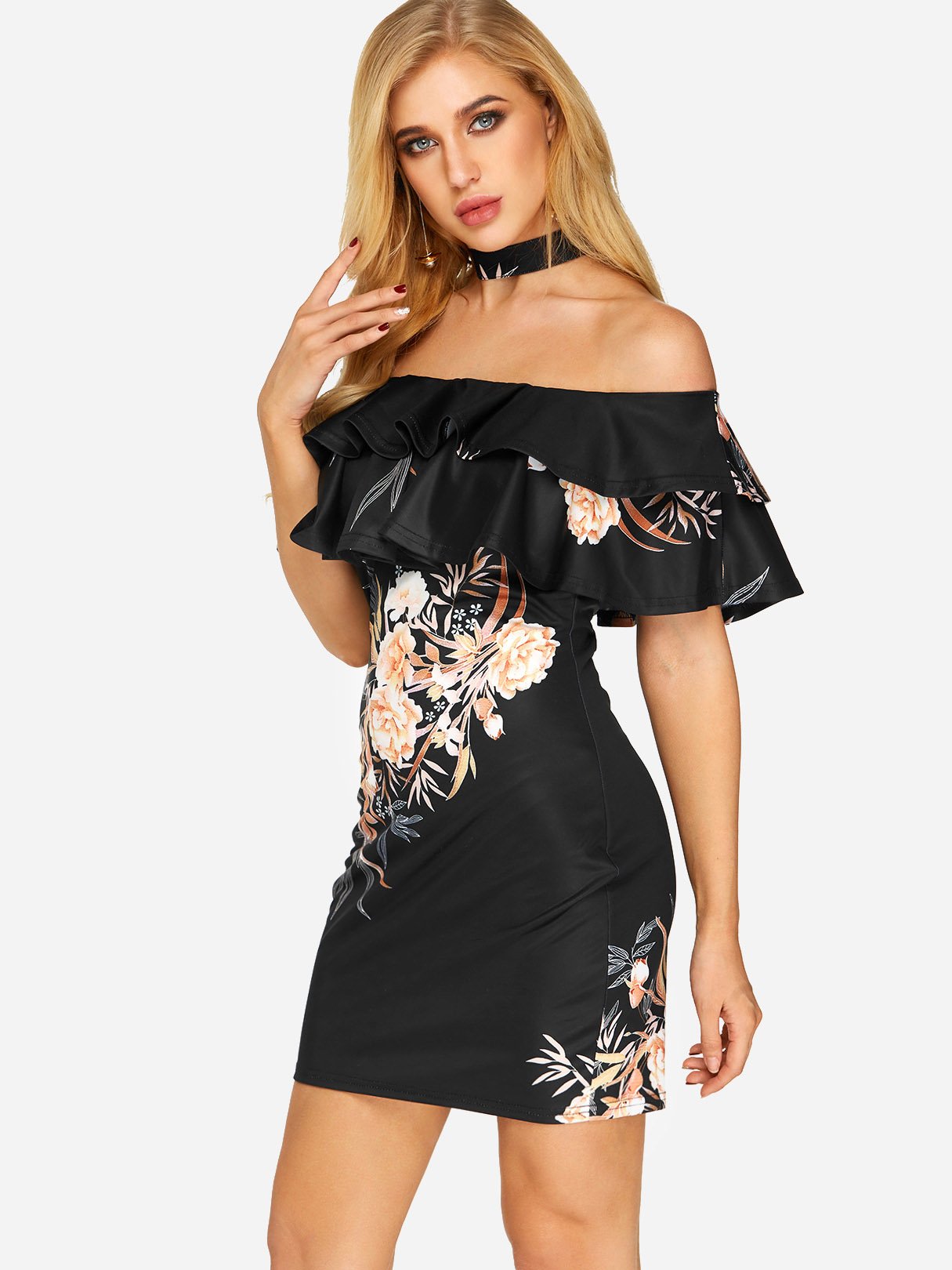 OEM Ladies Black Floral Dresses