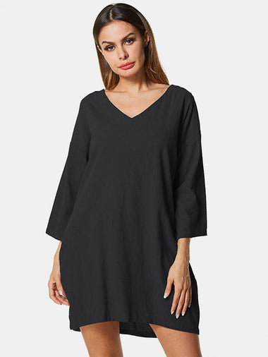 Wholesale V-Neck Long Sleeve Plain Side Pockets Dresses