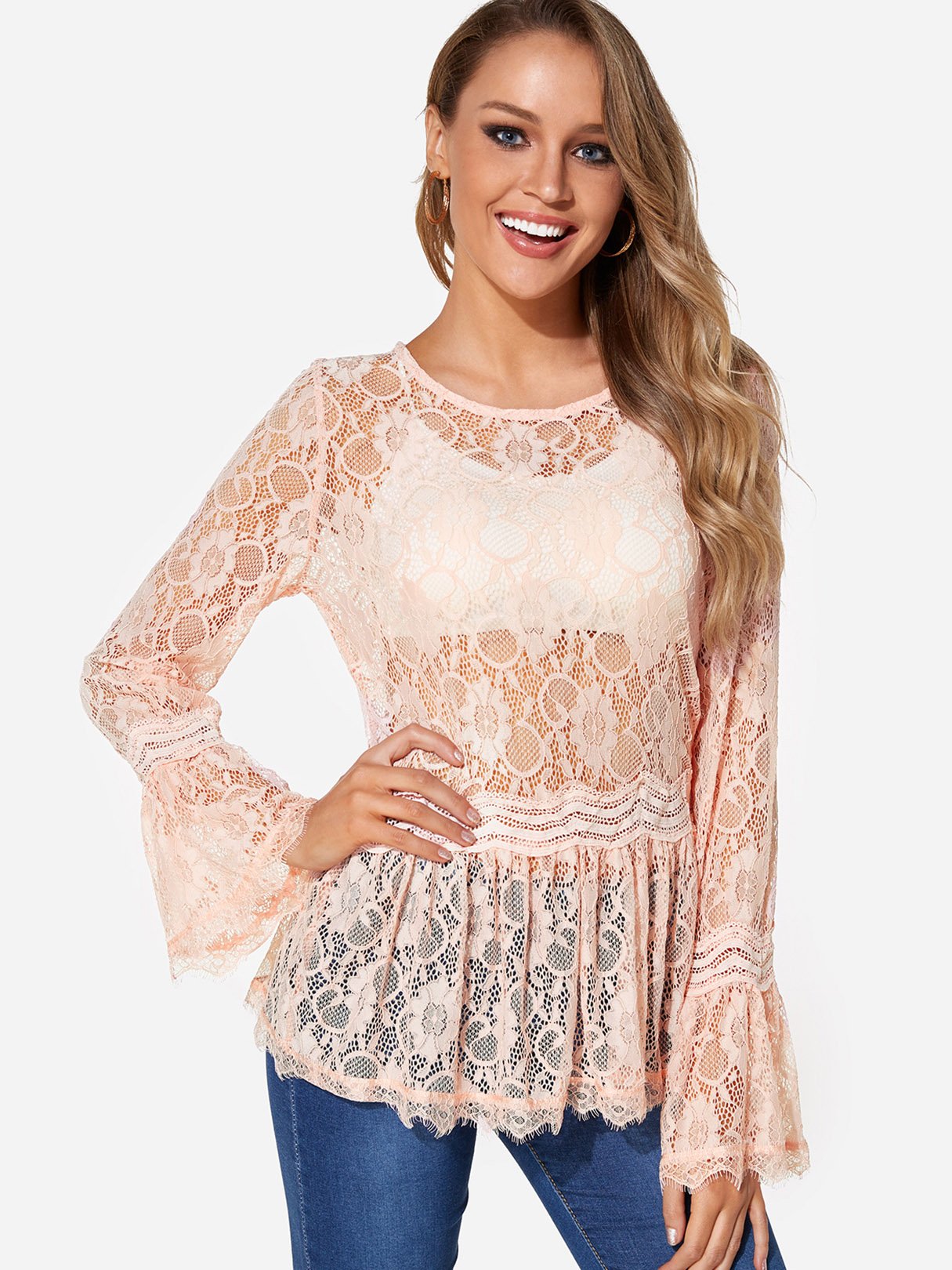 Wholesale Round Neck Plain Lace Long Sleeve Fashion Tee