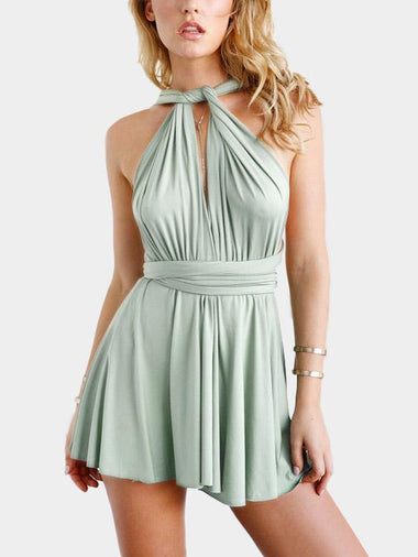 Wholesale Green V-Neck Sleeveless Backless Lace-Up Ruffle Hem Dresses