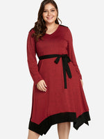 Wholesale V-Neck Plain Self-Tie Long Sleeve Handkerchief Hem Red Plus Size Dress