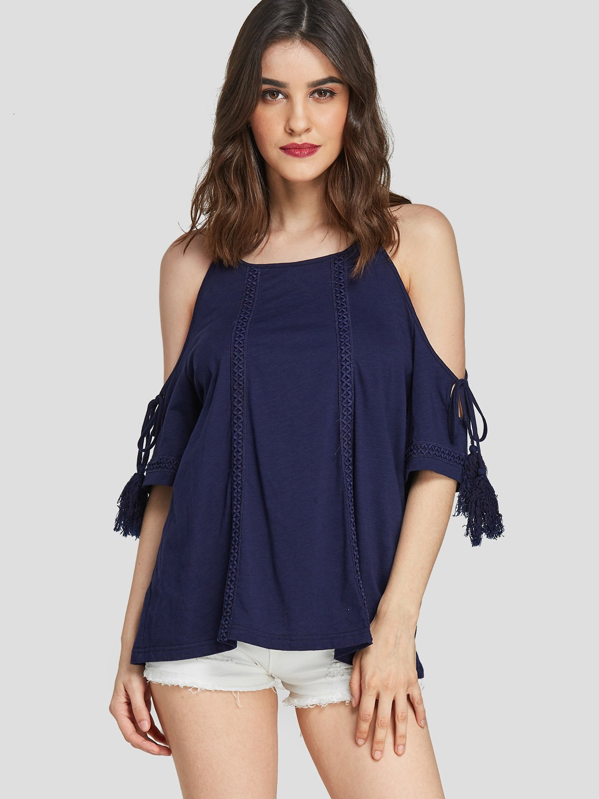 Wholesale Cold Shoulder Tassel Crochet Lace Embellished Lace-Up Half Sleeve Dark T-Shirts