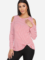 Wholesale Round Neck Stripe Crossed Front Cut Out Long Sleeve Irregular Hem T-Shirts