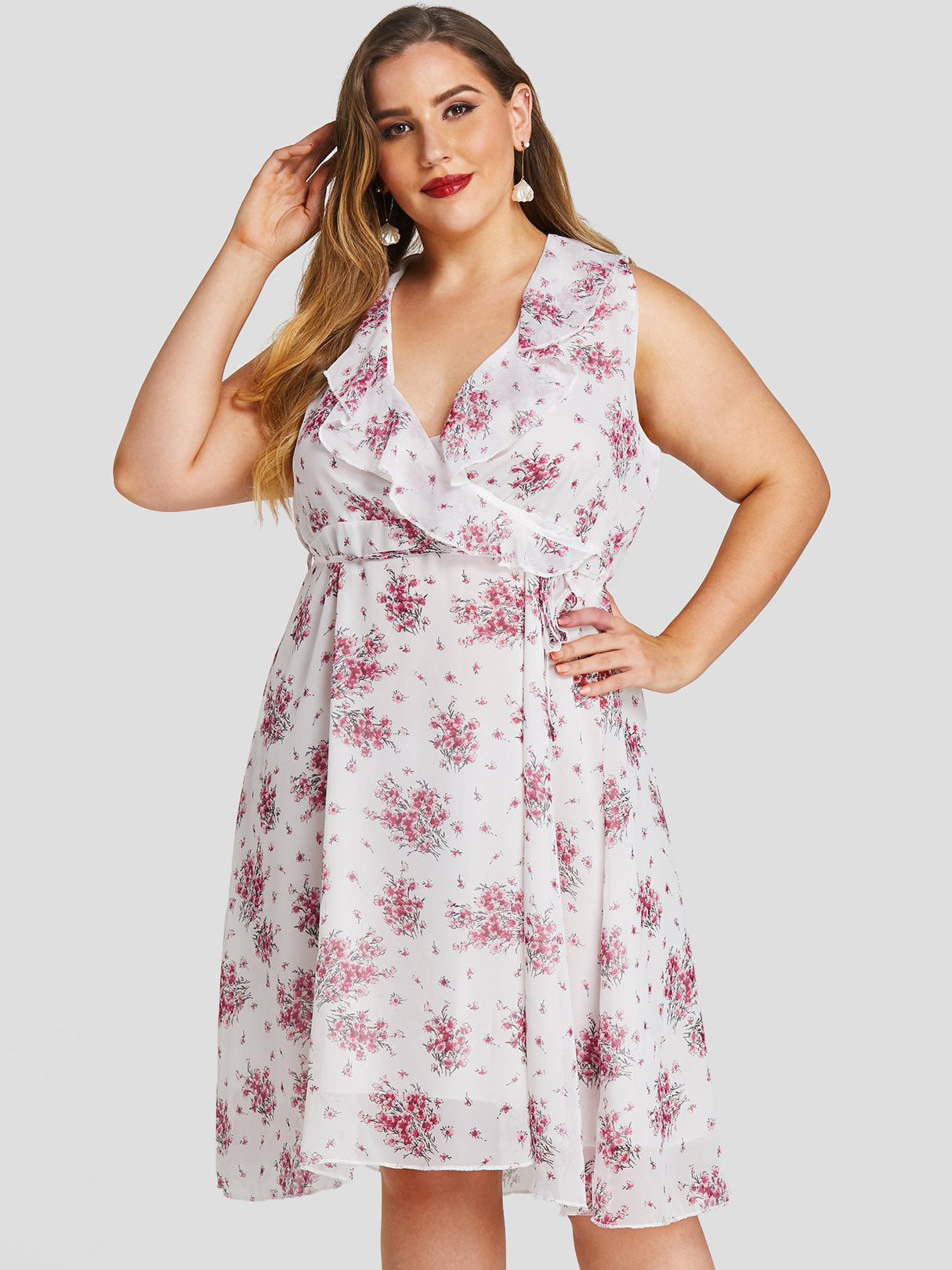 Wholesale V-Neck Floral Print Self-Tie Ruffle Trim Sleeveless Ruffle Hem White Plus Size Dresses