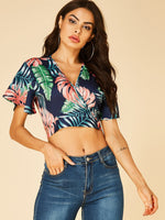Wholesale V-Neck Floral Print Crossed Front Backless Short Sleeve Green Crop Top