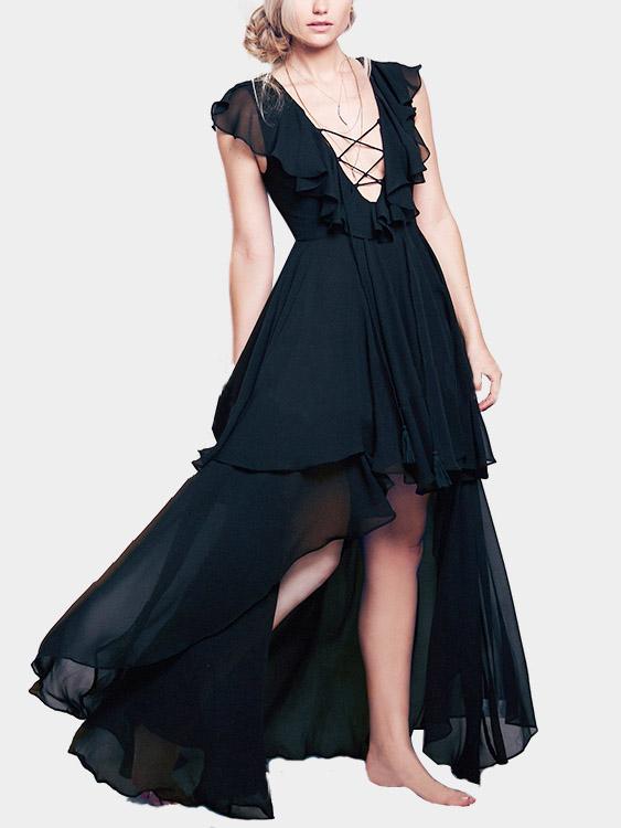 Wholesale V-Neck Irregular Hem Black High Waist Maxi Dress