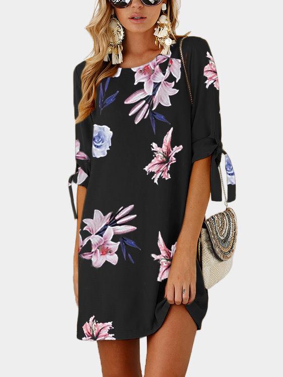 Wholesale Black Round Neck Half Sleeve Floral Print Self-Tie Mini Dresses