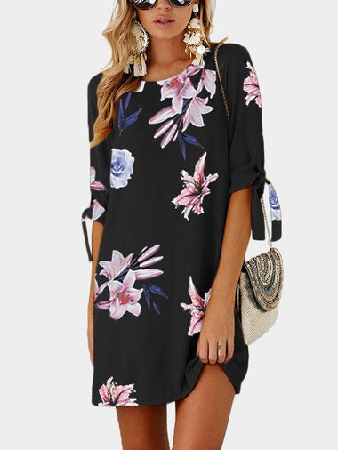 Wholesale Black Round Neck Half Sleeve Floral Print Self-Tie Mini Dresses