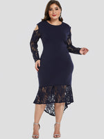 Wholesale Round Neck Cold Shoulder Plain Lace Long Sleeve High-Low Hem Plus Size Dress