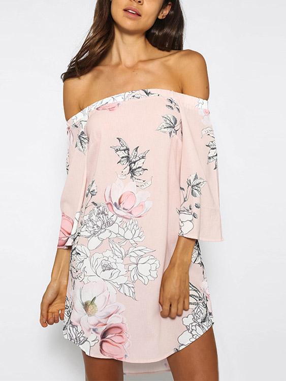 Wholesale White Off The Shoulder 3/4 Sleeve Length Floral Print Curved Hem Dresses