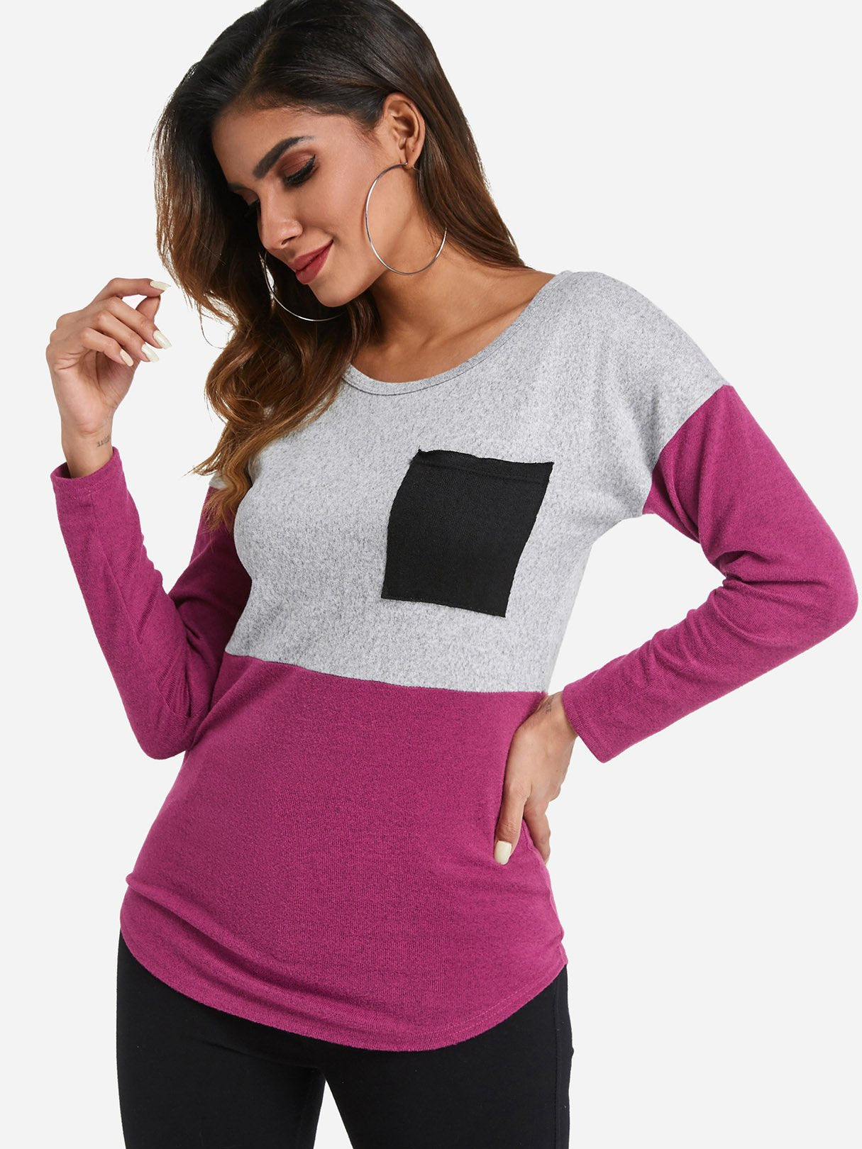 Wholesale Round Neck Long Sleeve Curved Hem T-Shirts