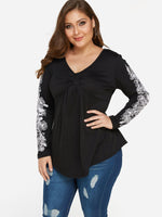 Wholesale V-Neck Embroidered Pleated Long Sleeve Black Plus Size Tops