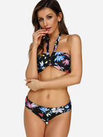 Wholesale Black Halter Sleeveless Floral Print Backless Tie-Up Bikinis