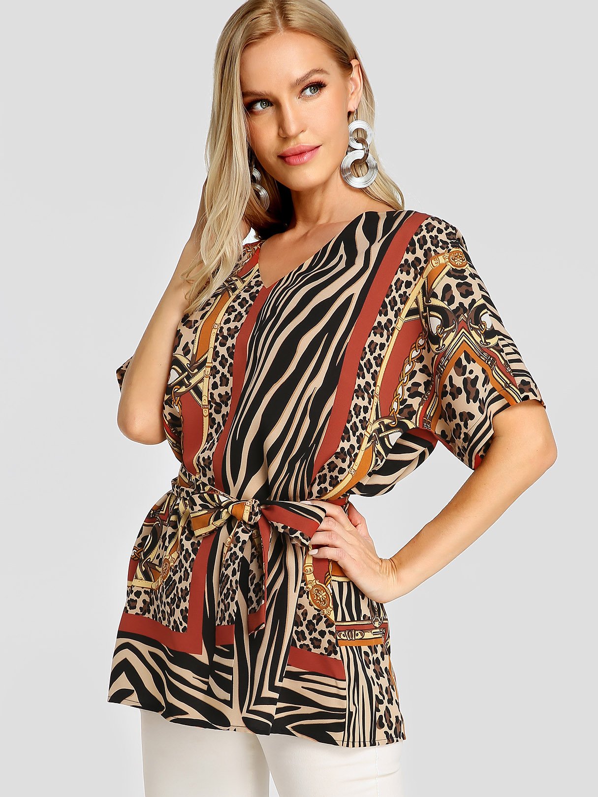 Wholesale V-Neck Leopard Zebra Scarf Print Self-Tie Short Sleeve Brown Blouses