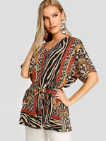Wholesale V-Neck Leopard Zebra Scarf Print Self-Tie Short Sleeve Brown Blouses