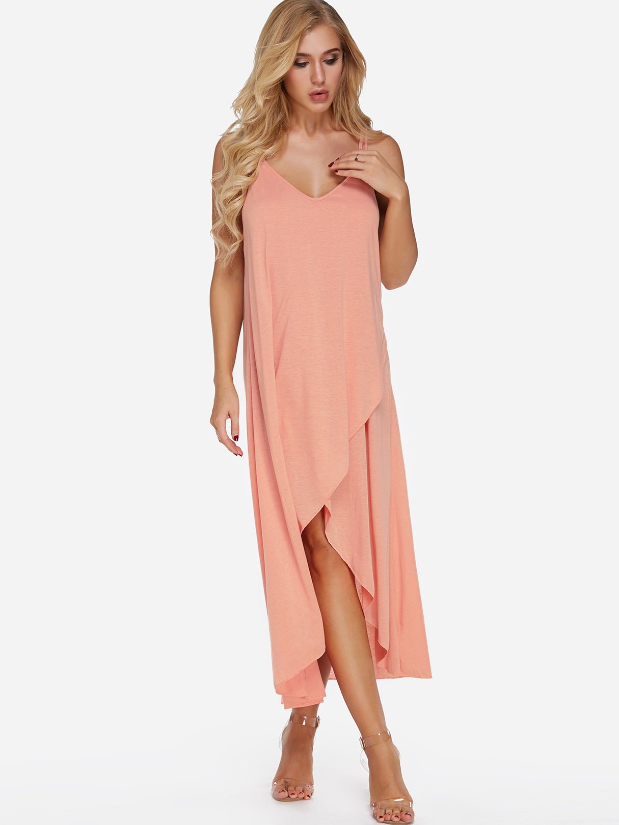 OEM Ladies Pink V-Neck Dresses