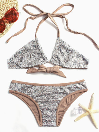 Wholesale Silver Sleeveless Sequins Embellished Bikinis