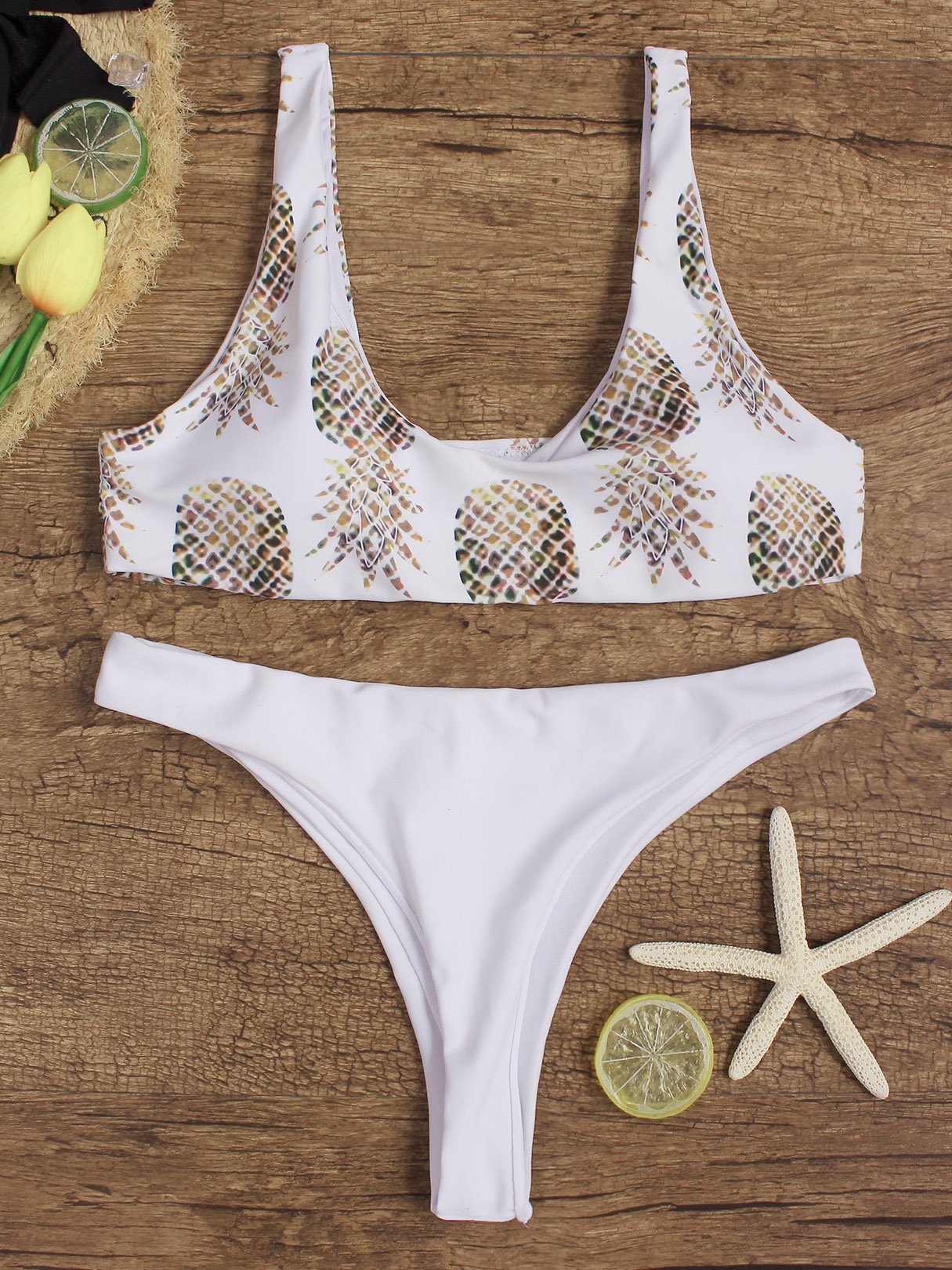 Wholesale White Scoop Neck Sleeveless Printed Bikinis