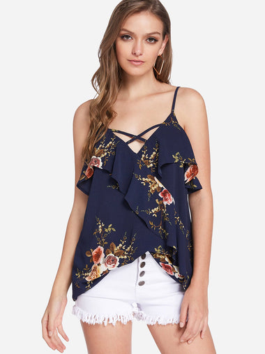 Wholesale V-Neck Floral Print Crossed Front Backless Spaghetti Strap Sleeveless Flounced Hem Navy Camis