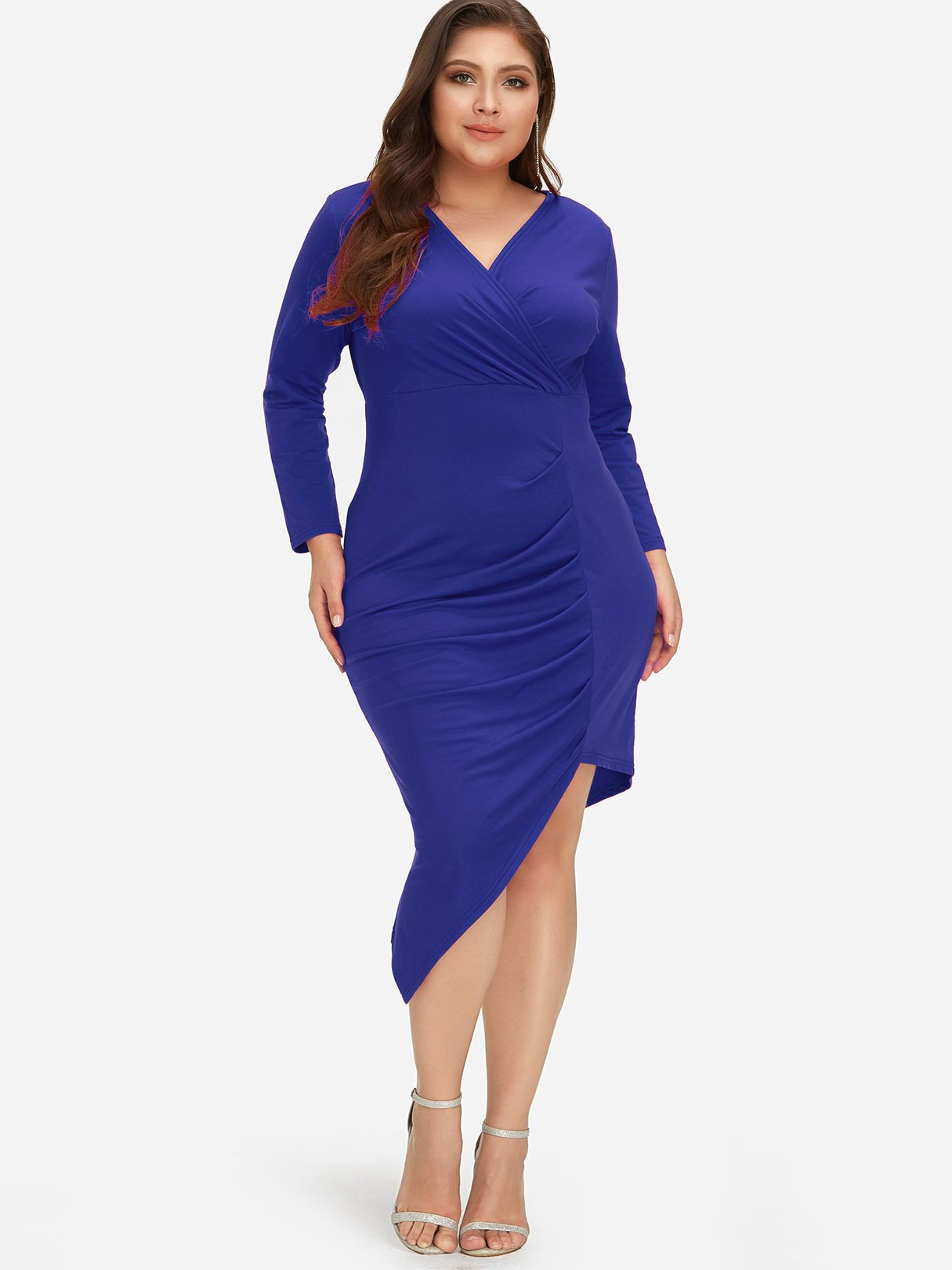 Wholesale V-Neck Plain Wrap Long Sleeve Irregular Hem Blue Plus Size Dress