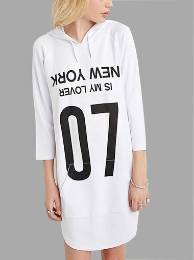 Wholesale White 3/4 Length Sleeve Letter Curved Hem Shirt Dress