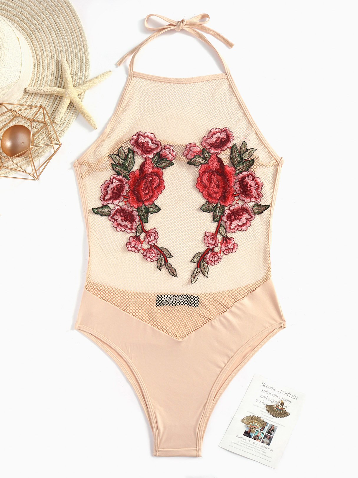 Wholesale Halter Sleeveless Embroidered See Through One-Pieces Swimsuits