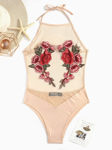 Wholesale Halter Sleeveless Embroidered See Through One-Pieces Swimsuits