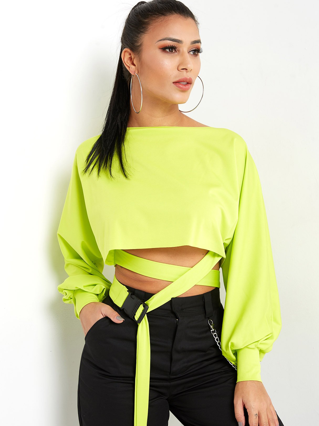 Wholesale Crew Neck Plain Self-Tie Long Sleeve T-Shirts