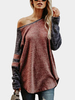 Wholesale Round Neck One Shoulder Stripe Cable Knit Long Sleeve Curved Hem T-Shirts