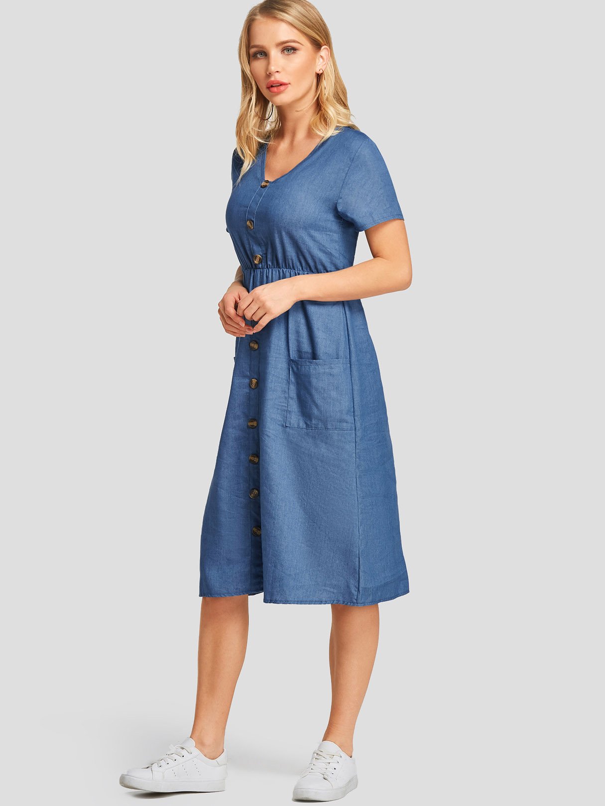 OEM Ladies Dark Blue V-Neck Dresses