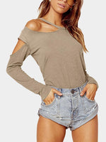 Wholesale One Shoulder Plain Cut Out Long Sleeve Apricot T-Shirts