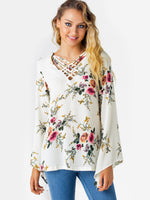 Wholesale V-Neck Floral Print Crossed Front Long Sleeve White Top