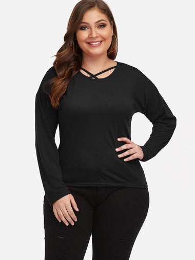 Wholesale Round Neck Plain Criss-Cross Long Sleeve Black Plus Size Tops