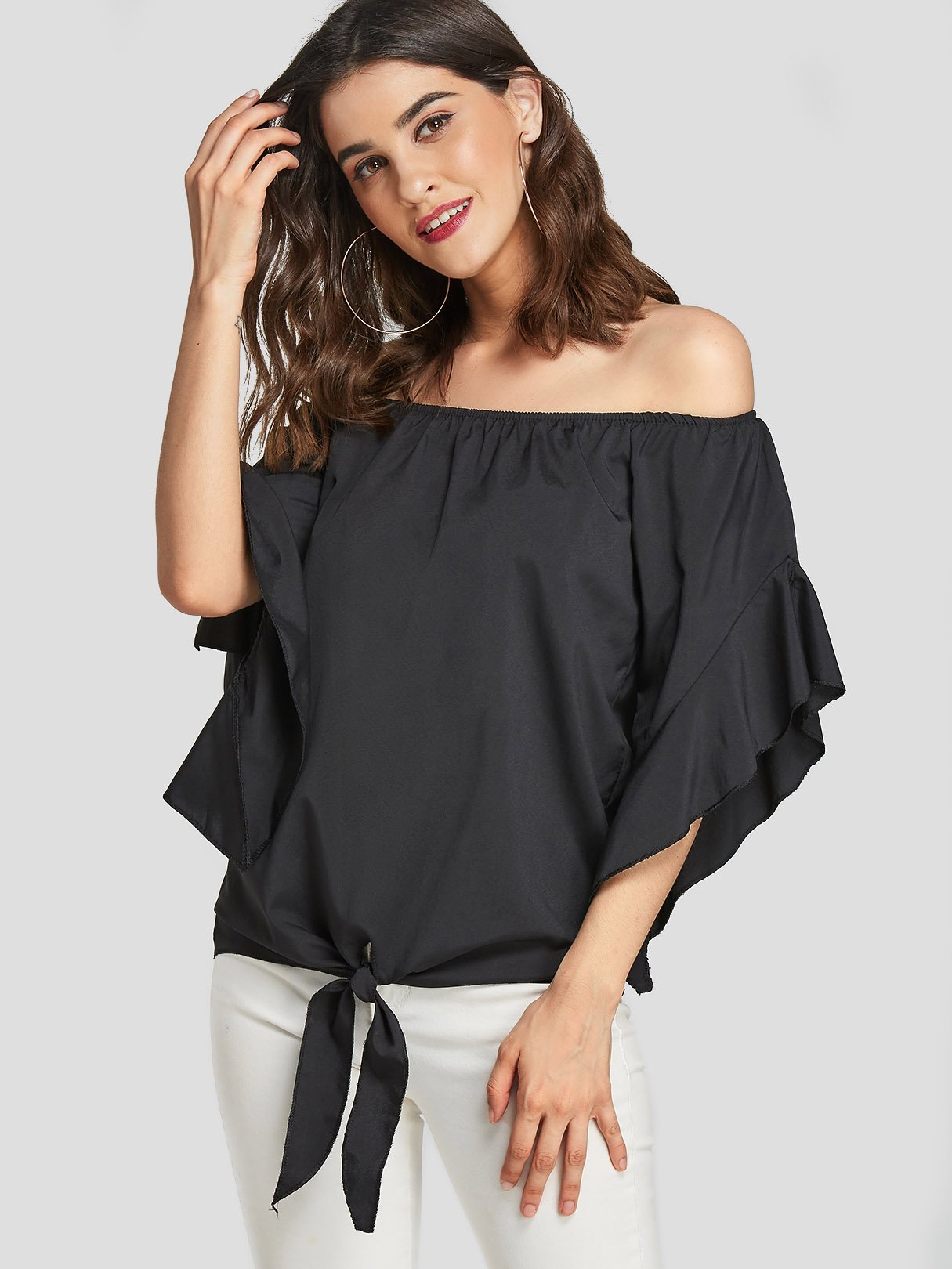 Wholesale Off The Shoulder Self-Tie Short Sleeve Blouses