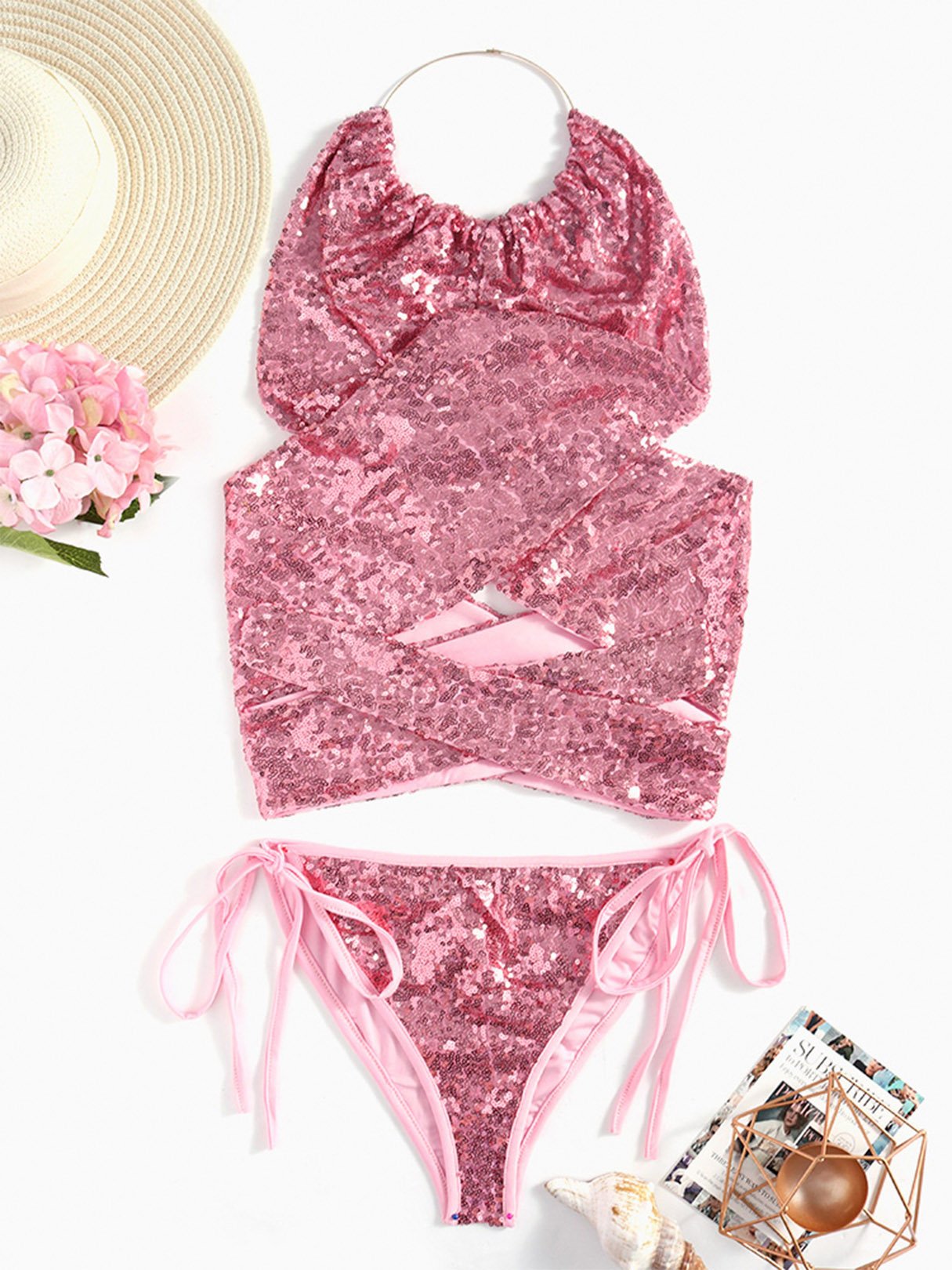 Wholesale Pink Halter Sequins Embellished Two Piece Bikinis