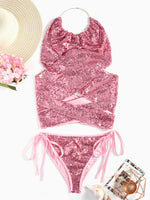 Wholesale Pink Halter Sequins Embellished Two Piece Bikinis