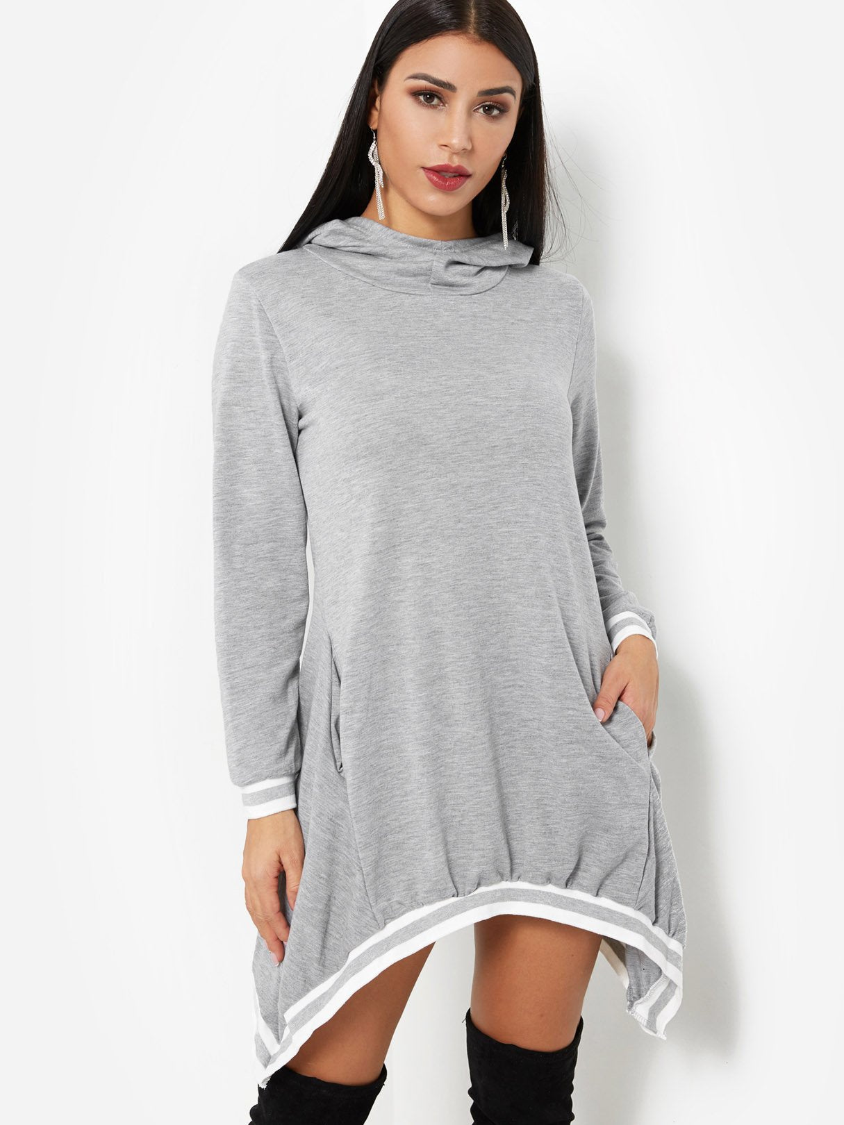 Wholesale Pullover Plain Hooded Long Sleeve Irregular Hem Grey Shirt Dresses