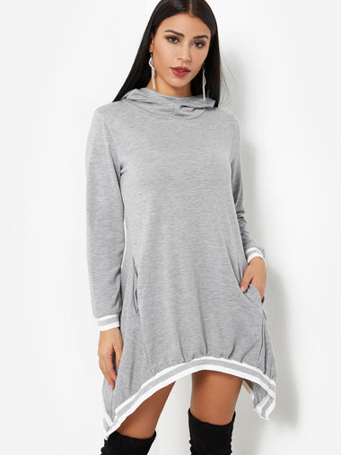 Wholesale Pullover Plain Hooded Long Sleeve Irregular Hem Grey Shirt Dresses