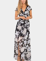 Wholesale V-Neck Half Sleeve Floral Print Wrap Slit Hem Maxi Dress
