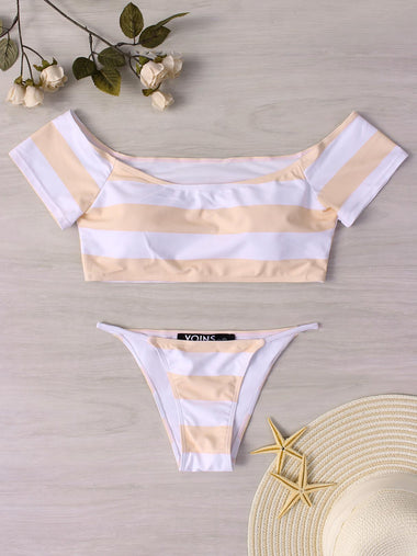 Wholesale White Strapless Off The Shoulder Sleeveless Stripe Two Piece Bikinis