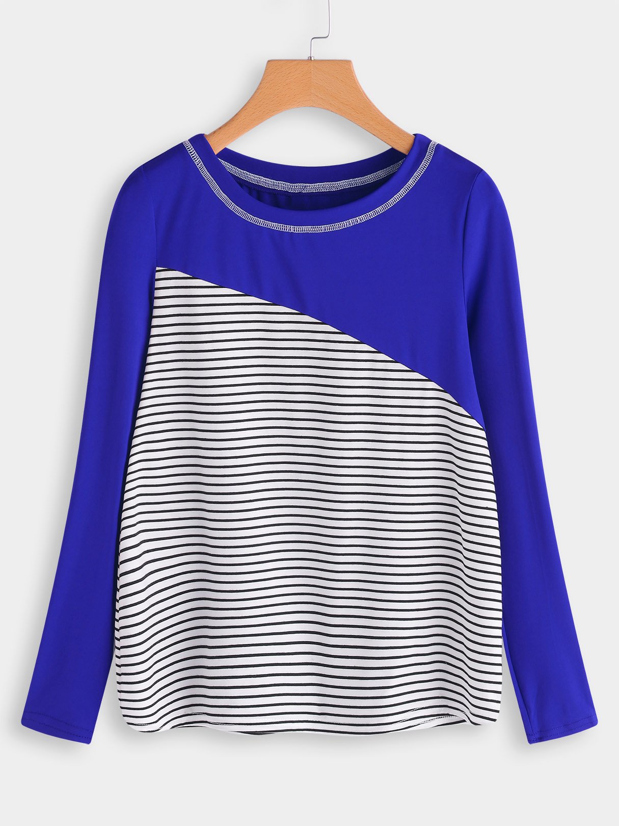 Wholesale Round Neck Stripe Long Sleeve Blue T-Shirts