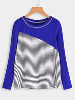Wholesale Round Neck Stripe Long Sleeve Blue T-Shirts