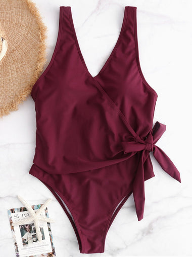 Wholesale Burgundy V-Neck Sleeveless Plain Backless One-Pieces