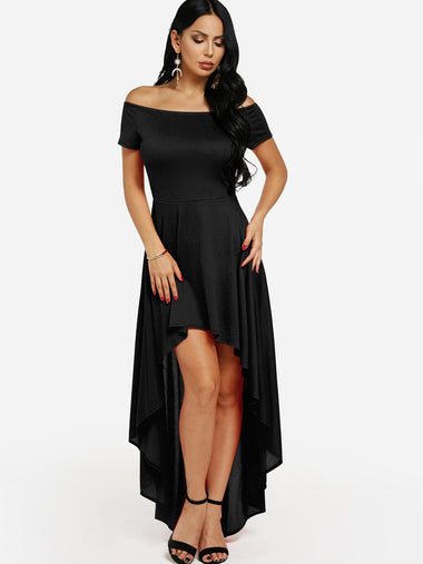 Wholesale Off The Shoulder Short Sleeve Zip Back High-Low Hem Dresses