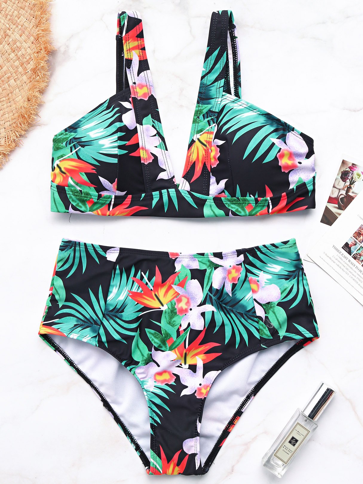 Wholesale V-Neck Floral Print Sleeveless High Waist 2 Piece Bikinis