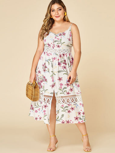 Wholesale V-Neck Floral Print Hollow Sleeveless Slit Hem White Plus Size Dress