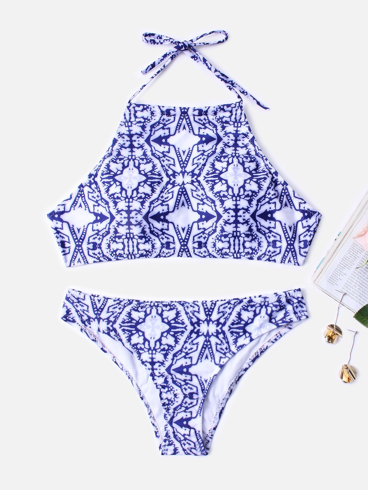Wholesale Blue Halter Sleeveless Printed Backless Two Piece Bikinis