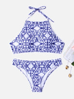 Wholesale Blue Halter Sleeveless Printed Backless Two Piece Bikinis